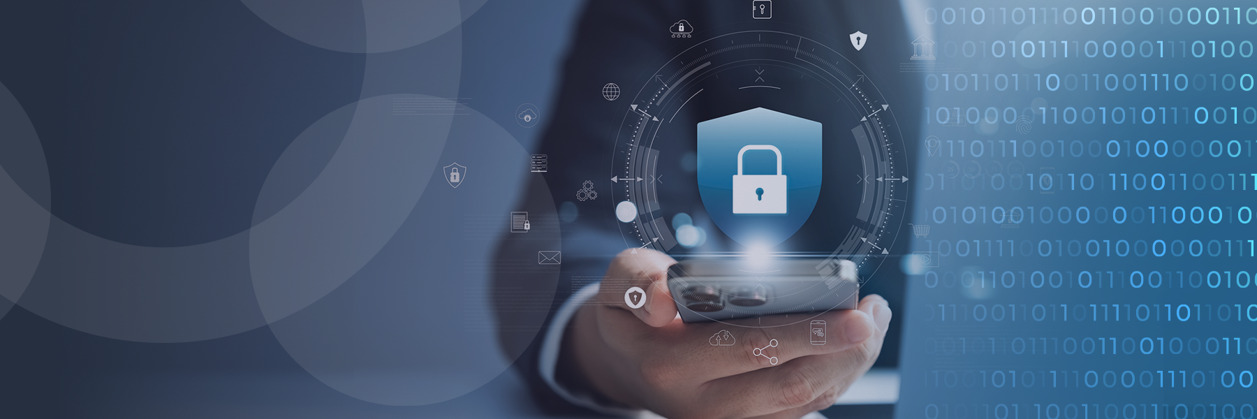 Person holding a phone, with a security lock symbol projecting off of the screen